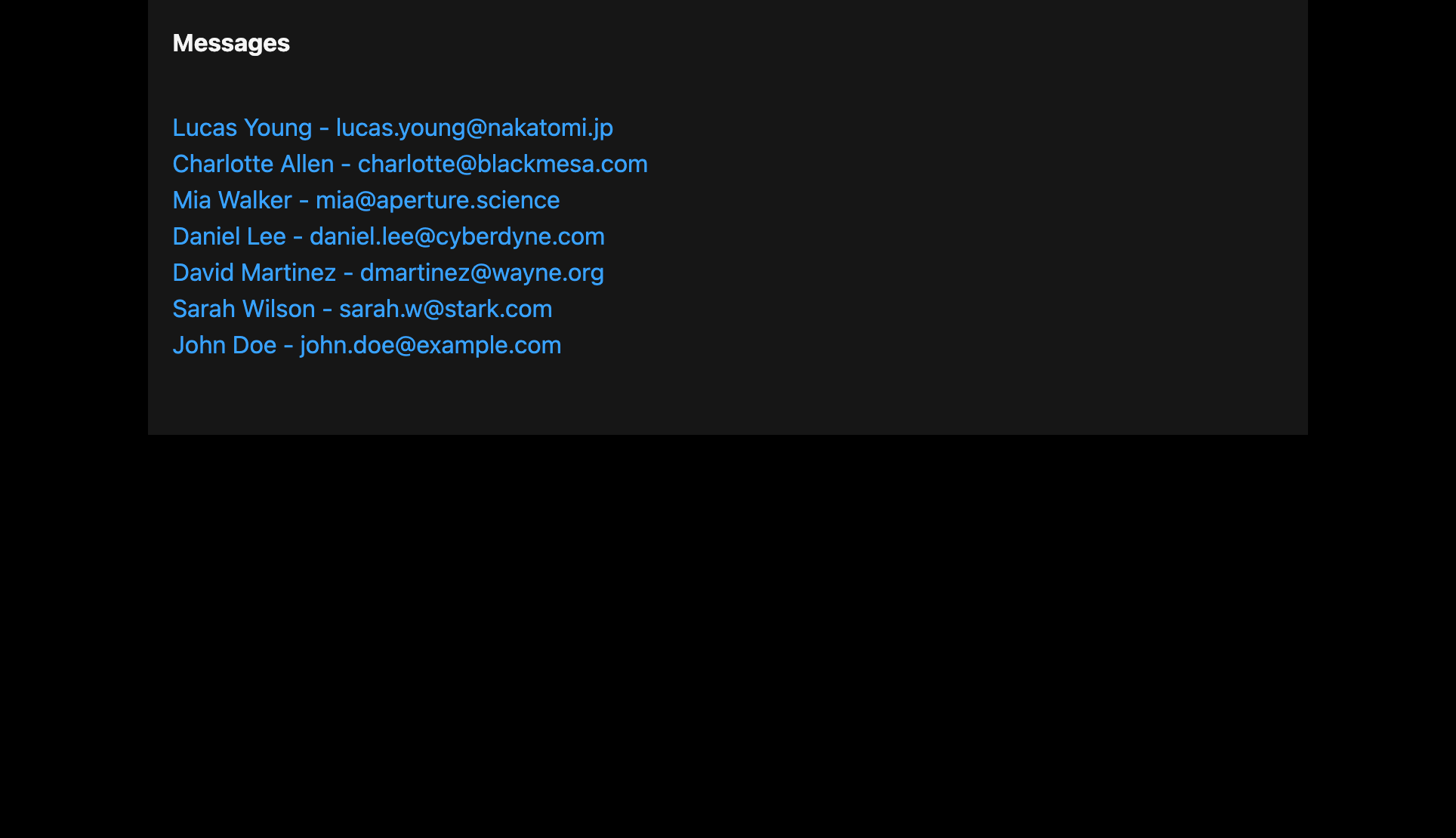 Dashboard page listing recent contact form submissions by name and email.